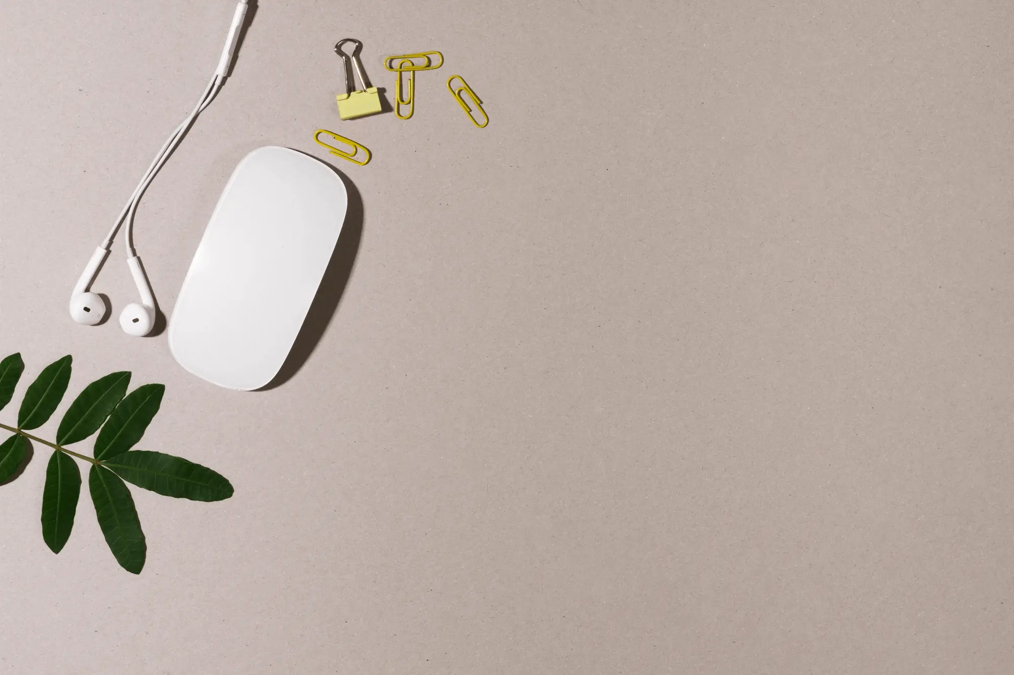 Contacto Mouse y hoja de planta al lado de unos auriculares